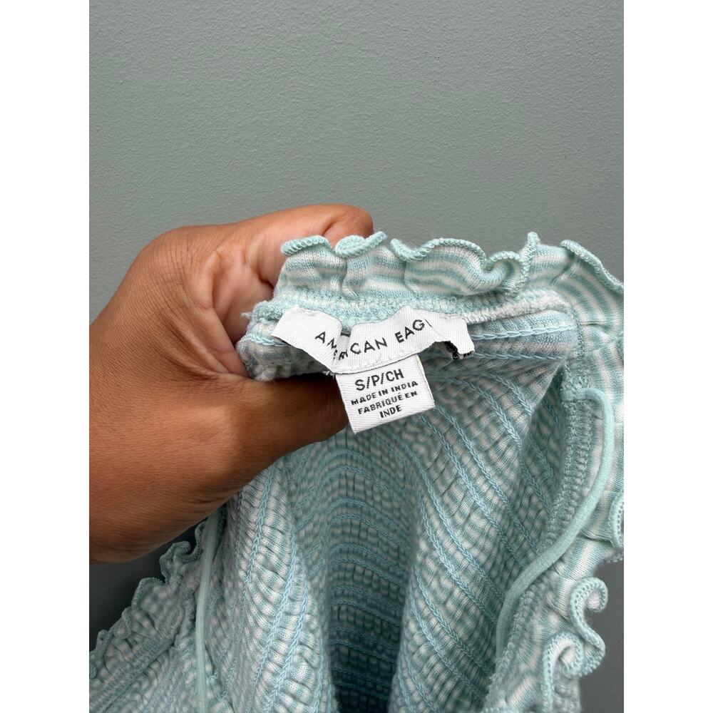 American Eagle Smocked Mini Dress Small Aqua Stripe Cotton Coastal Y2K - Picture 5 of 5